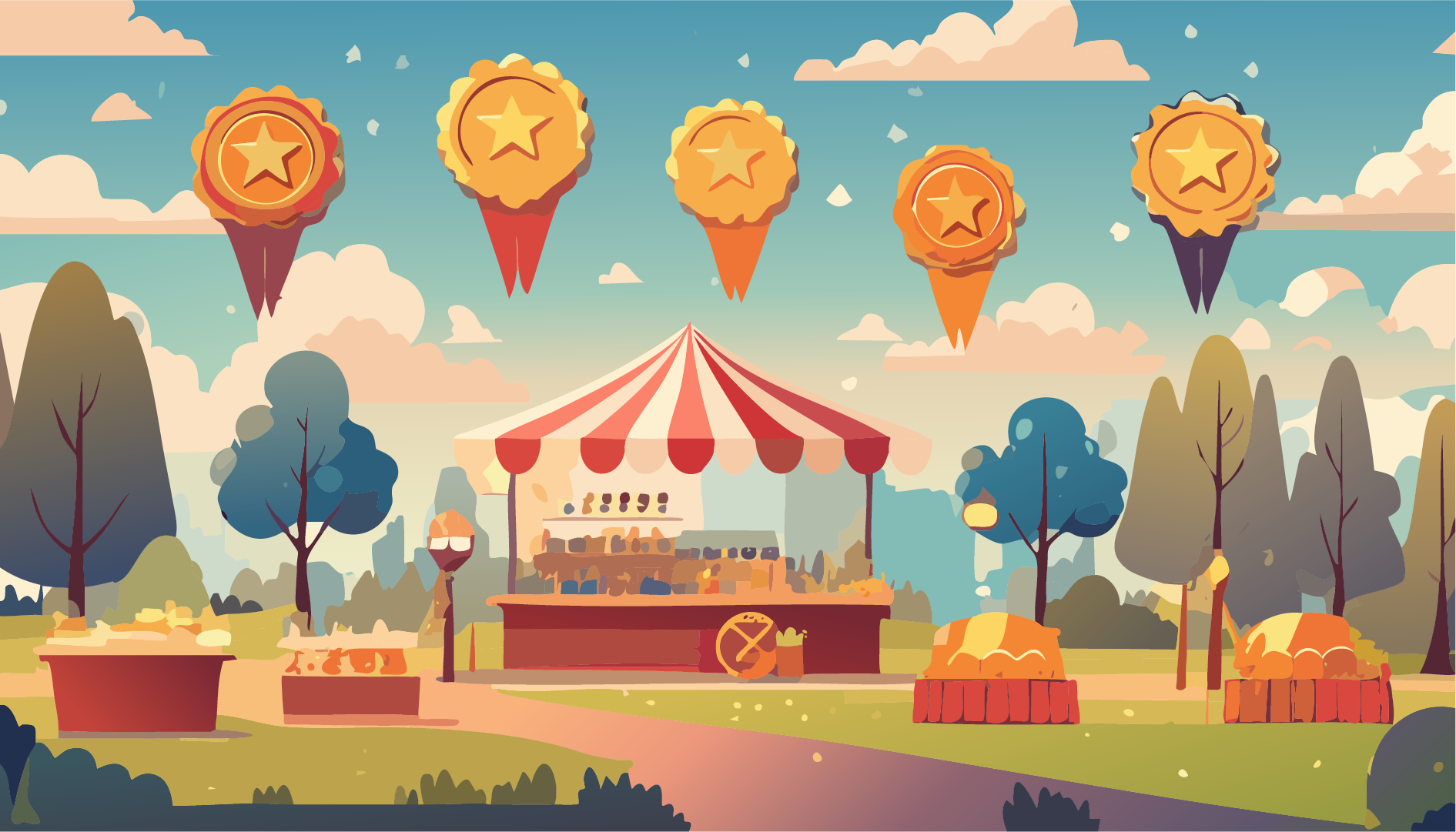 A craft stall in a park with achievement badges floating above it.  Generated with Adobe Illustrator