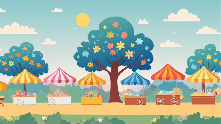 Sunshine and colourful craft stalls with trees in flower. 