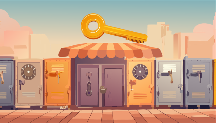 A Craft Stall selling vintage safe's with a giant key above the craft stall camopy. Generated with Adobe Illustrator. 